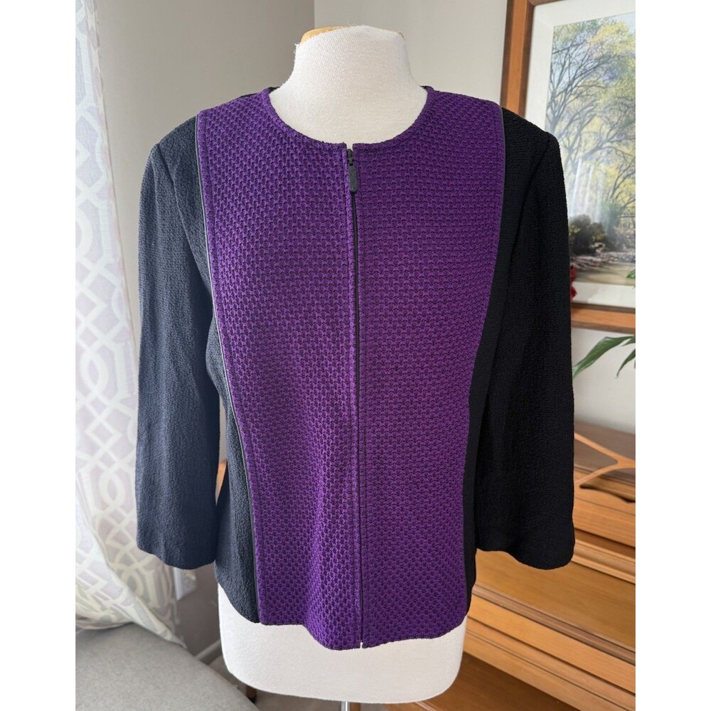 ST JOHN Collection Purple Black Milano Knit Jacket Size 14, 3/4 Sleeves